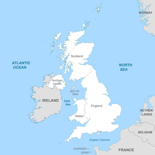 Mapa político do reino unido com fronteiras com fronteiras de regiões e países