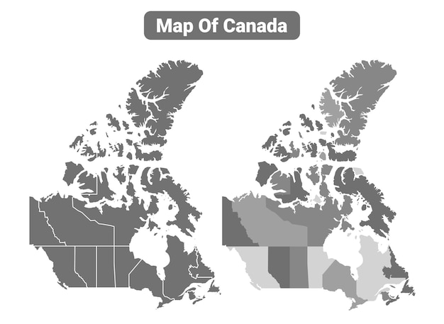 Mapa político em escala de cinza do Canadá com set de ilustrações vetoriais de estilo de contorno de fronteiras