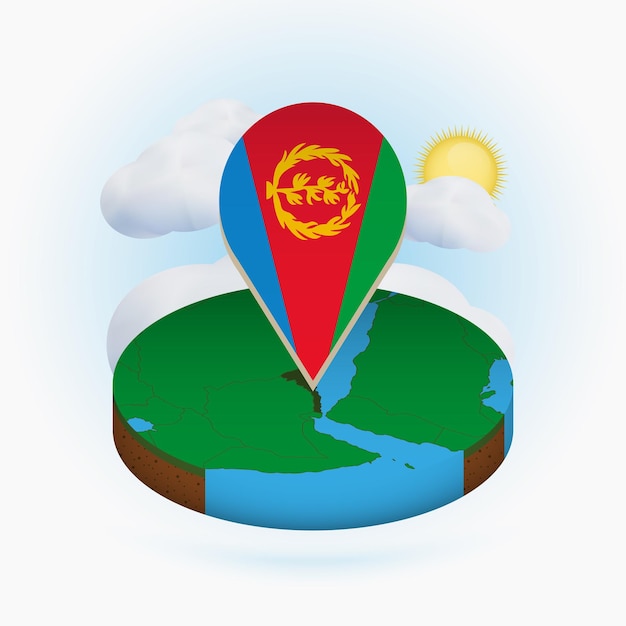 Mapa redondo isométrico da eritreia e marcador de ponto com bandeira da eritreia cloud e sol no fundo