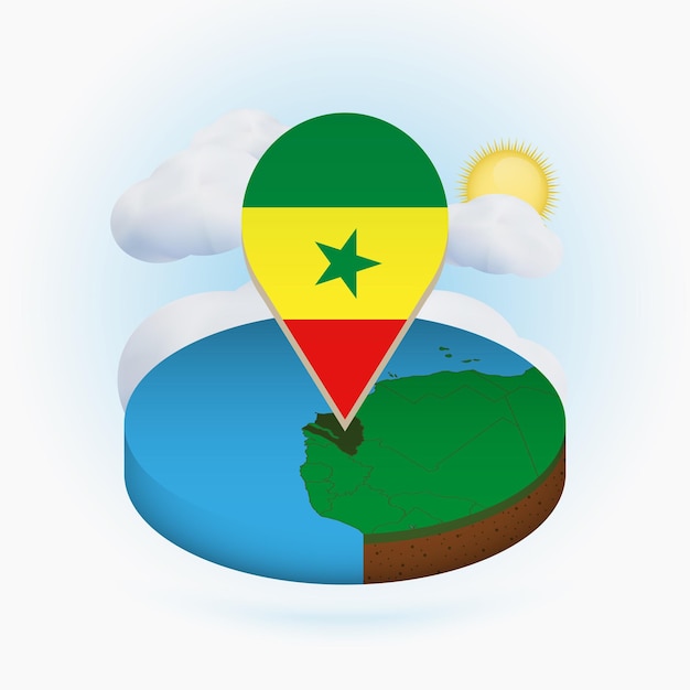 Mapa redondo isométrico do senegal e marcador de ponto com bandeira do senegal nuvem e sol no fundo