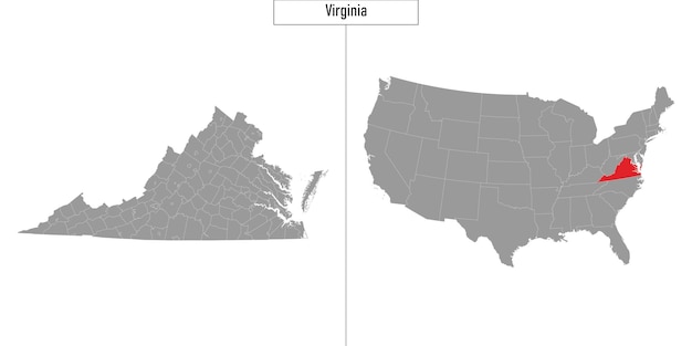 Mapa simples do estado da Virgínia dos Estados Unidos e localização no mapa dos EUA