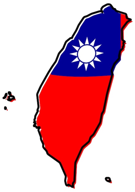 Mapa simplificado do contorno de taiwan (região da china), com bandeira ligeiramente dobrada sob ele.