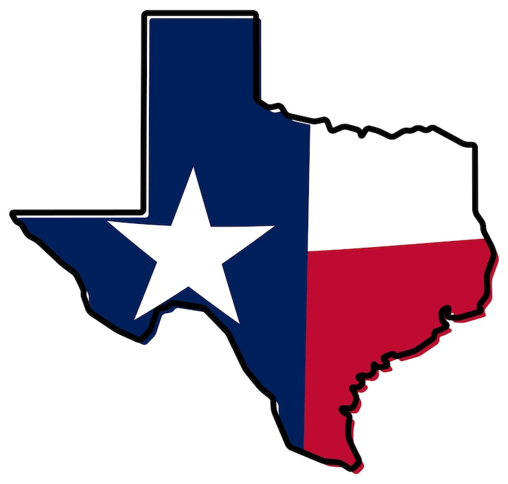 Vetor mapa simplificado do contorno do texas, com bandeira ligeiramente dobrada sob ele.
