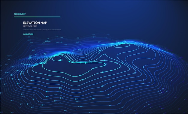 Mapa topográfico azul fundo de tecnologia big data mapa de elevação com linhas de contorno topográfico