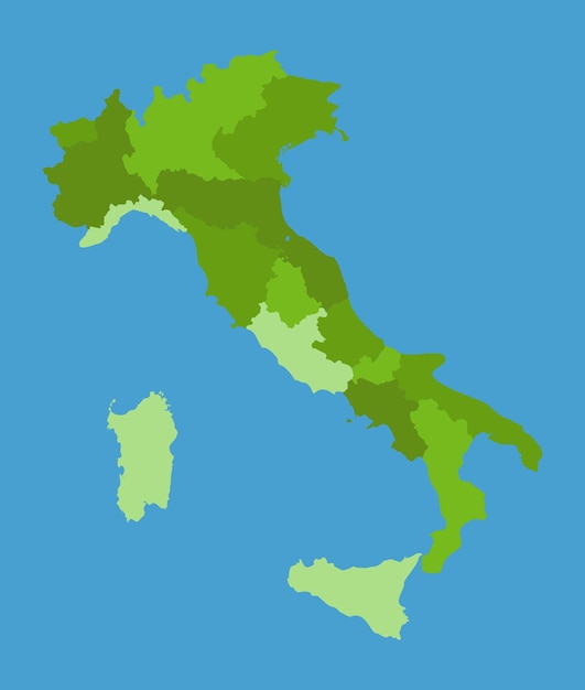 Mapa vetorial da Itália em escala verde com regiões.