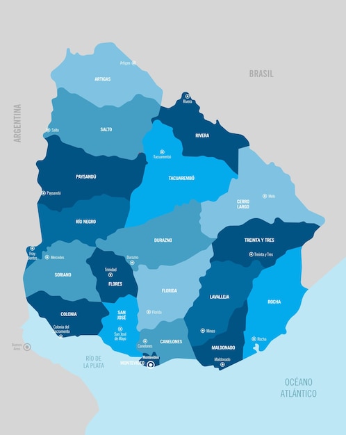 Vetor mapa vetorial do país do uruguai com províncias e capitais isoladas fáceis de desagrupar ilustração vetorial