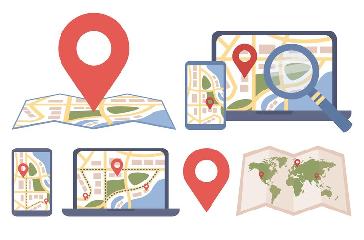 Mapas com conjunto de ícones de ponteiro de pino. Navegação GPS online, símbolo de localização. Ilustração em vetor plana