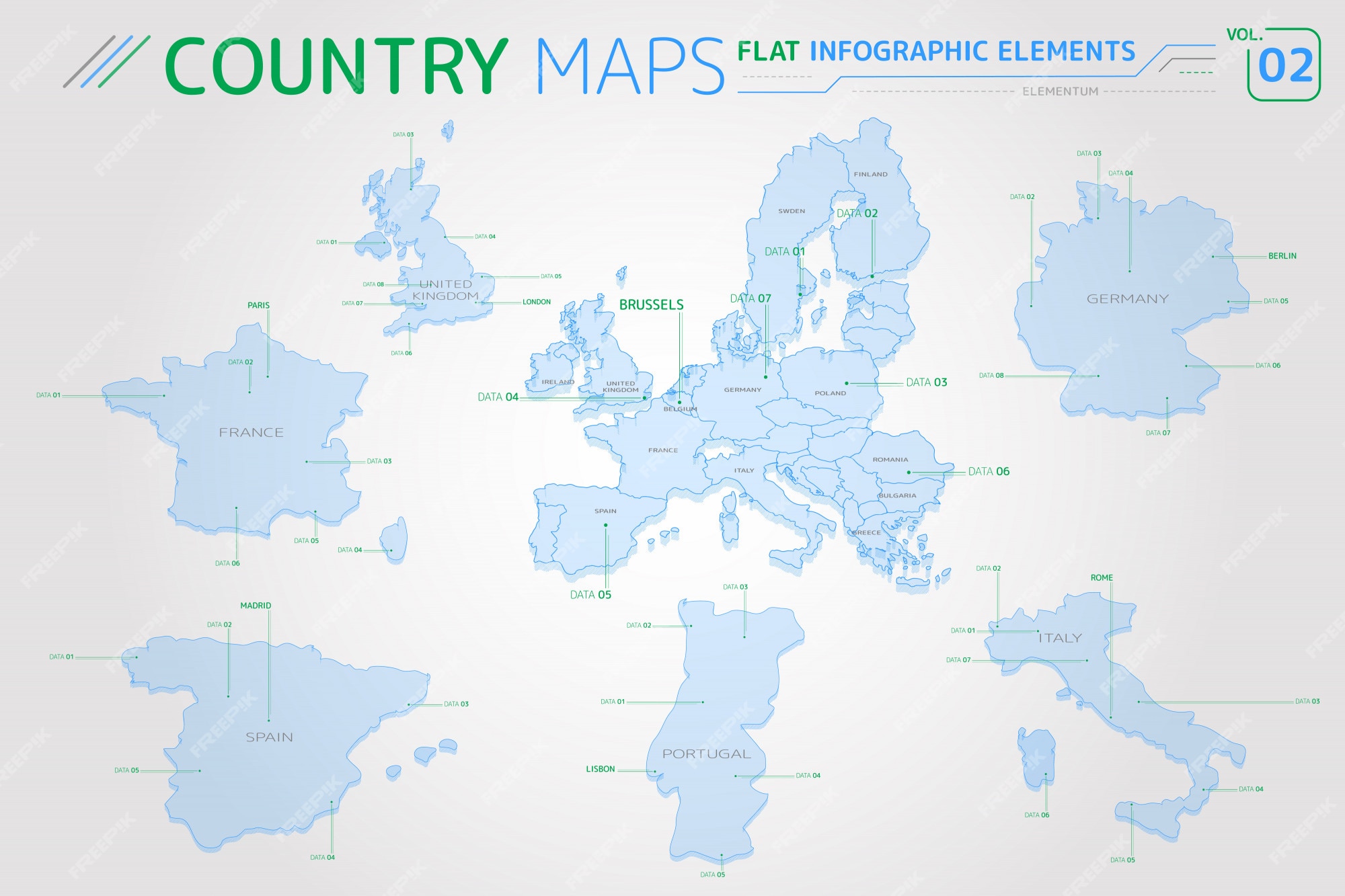 Mapas da europa, reino unido, frança, espanha, portugal, itália e alemanha