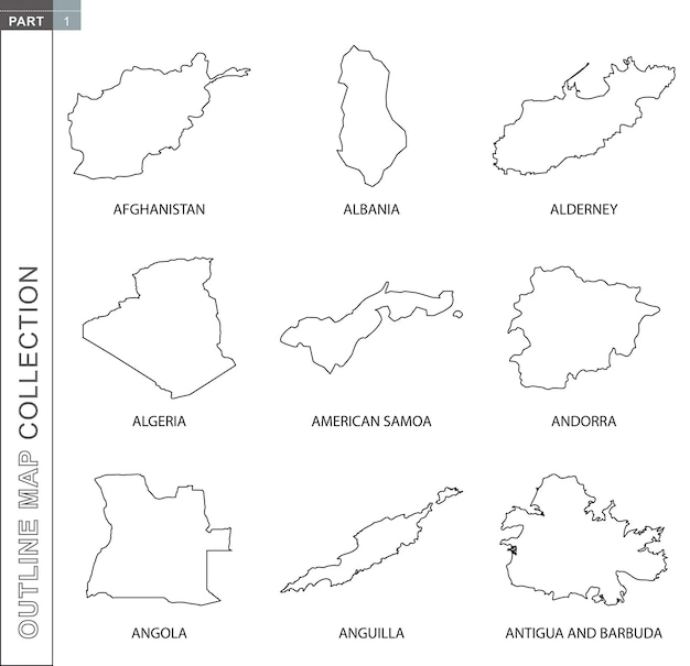 Mapas de contorno coleção nove mapa vetorial forrado de preto