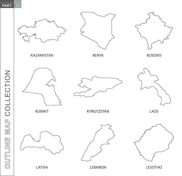 Mapas de contorno coleção nove mapa vetorial forrado de preto