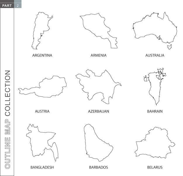 Mapas de contorno coleção nove mapa vetorial forrado de preto