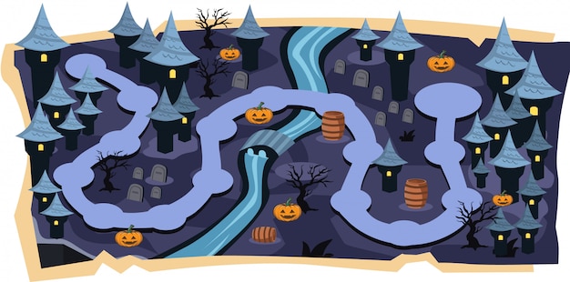 Mapas de jogos 2d de castelo de halloween com níveis de caminho