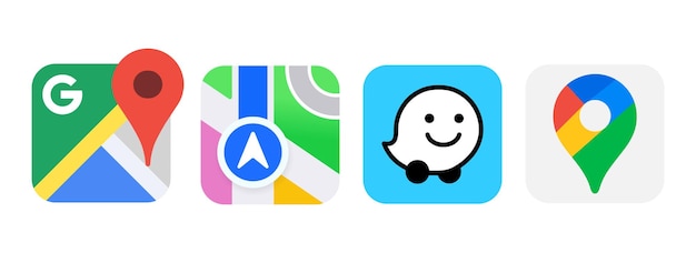 Mapas do google, mapas do waze, mapas da apple, logotipo do google, logotipo do waze, logotipo da apple