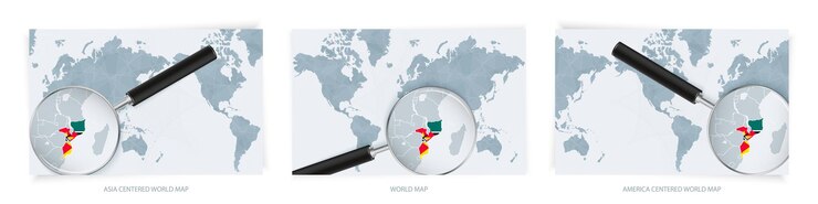 Vetor mapas do mundo abstrato azul com lupa no mapa de moçambique com a bandeira nacional de moçambique. três versão do mapa do mundo.