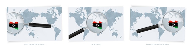 Mapas do mundo abstratos azuis com lupa no mapa da líbia com a bandeira nacional da líbia