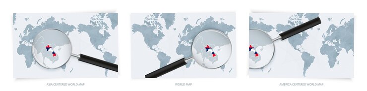 Vetor mapas do mundo abstratos azuis com lupa no mapa do laos com a bandeira nacional do laos três versão do mapa do mundo