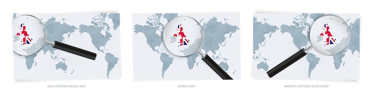 Vetor mapas do mundo abstratos azuis com lupa no mapa do reino unido com a bandeira nacional