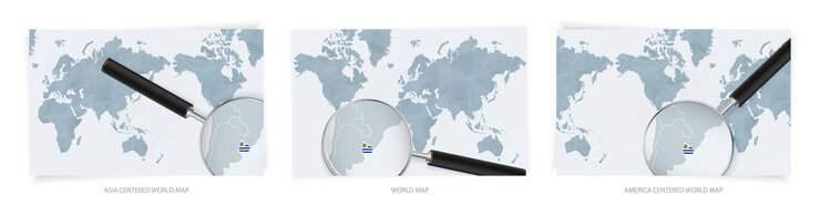 Vetor mapas do mundo abstratos azuis com lupa no mapa do uruguai com a bandeira nacional do uruguai três versão do mapa do mundo