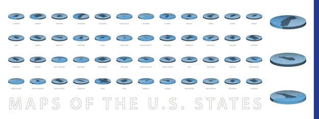 Mapas dos Estados dos EUA em estilo circular isométrico, mapas em uma paleta de cores azul. Ilustração vetorial.