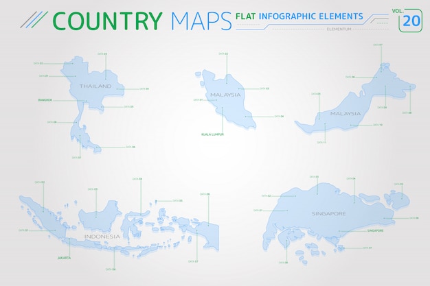 Mapas vetoriais de tailândia, malásia, indonésia e cingapura