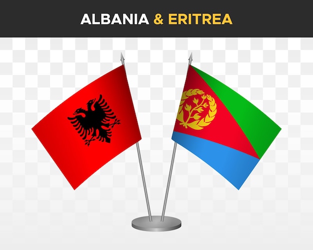 Maquete de bandeiras de mesa da albânia e da eritreia isolada em bandeiras de mesa de ilustração vetorial 3d branca