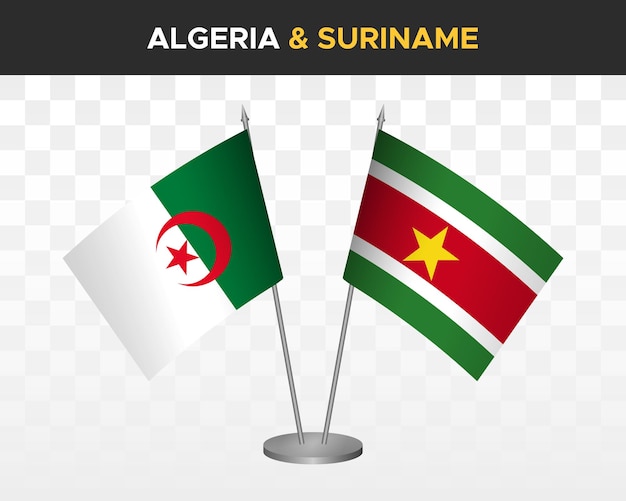 Maquete de bandeiras de mesa da argélia e suriname isolada em bandeiras de mesa de ilustração vetorial 3d branca