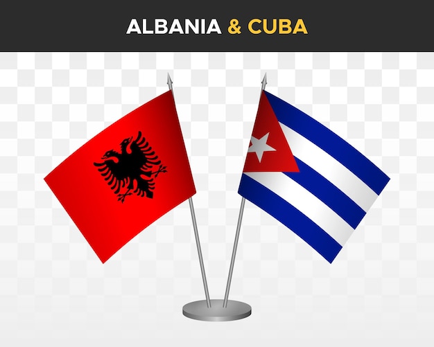 Maquete de bandeiras de mesa de albânia e cuba isolada em bandeiras de mesa de ilustração vetorial 3d branca