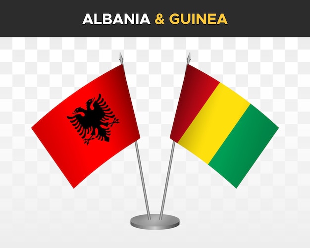 Maquete de bandeiras de mesa de albânia e guiné isolada em bandeiras de mesa de ilustração vetorial 3d branca