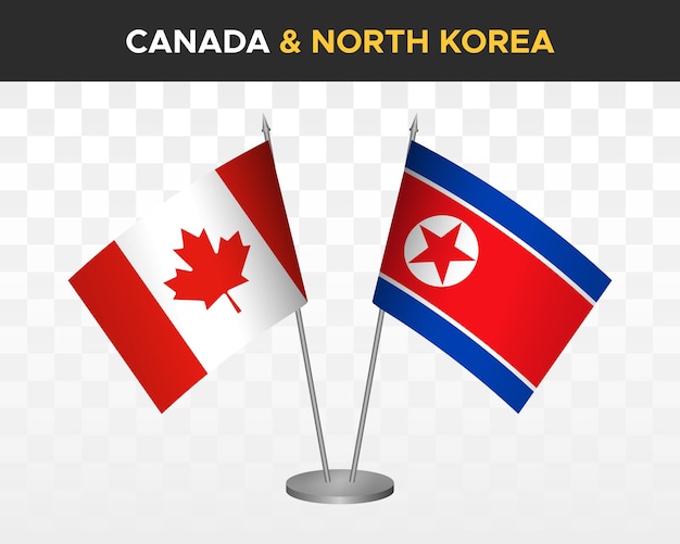 Maquete de bandeiras de mesa de dpr do canadá vs coreia do norte isolada em bandeiras de mesa de ilustração vetorial 3d branca