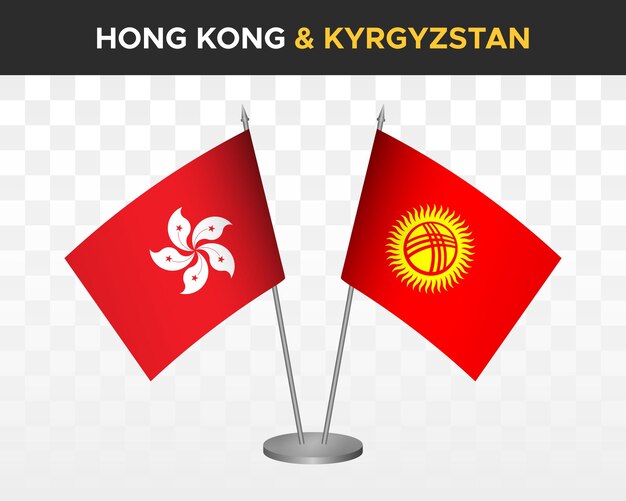 Maquete de bandeiras de mesa de hong kong vs quirguistão isolada bandeira de mesa de ilustração vetorial 3d