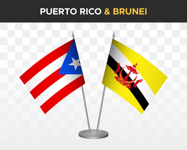 Maquete de bandeiras de mesa de porto rico vs brunei ilustração vetorial 3d isolada bandeiras de mesa