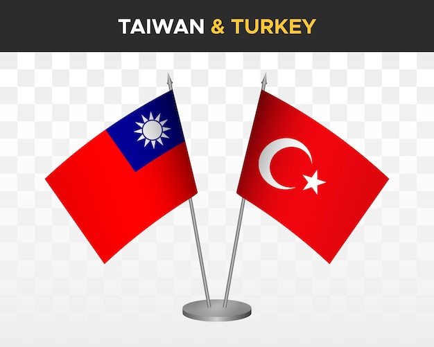 Maquete de bandeiras de mesa de taiwan vs turquia isolada ilustração vetorial 3d bandeira de mesa taiwanesa