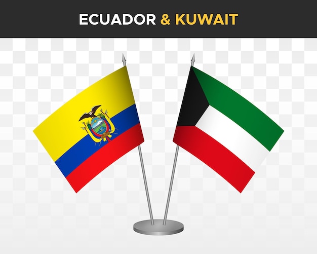 Maquete de bandeiras de mesa equador vs kuwait isolada ilustração vetorial 3d bandeira de mesa equatoriana