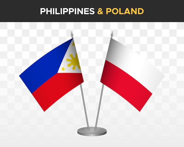 Maquete de bandeiras de mesa filipinas vs polônia isoladas bandeiras de mesa de ilustração vetorial 3d