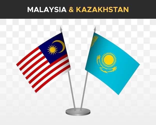 Maquete de bandeiras de mesa malásia vs cazaquistão isolada em bandeiras de mesa de ilustração vetorial 3d branca