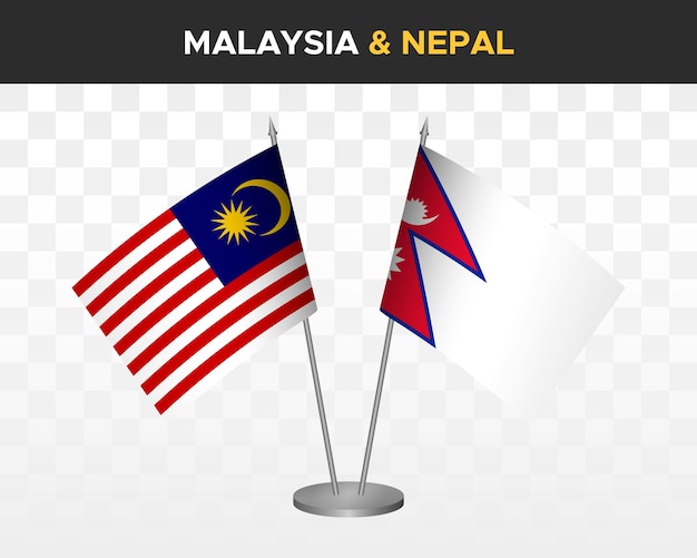 Maquete de bandeiras de mesa malásia vs nepal isolada em bandeiras de mesa de ilustração vetorial 3d branca