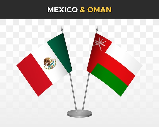 Maquete de bandeiras de mesa méxico vs omã isolada ilustração vetorial 3d bandeira de mesa mexicana