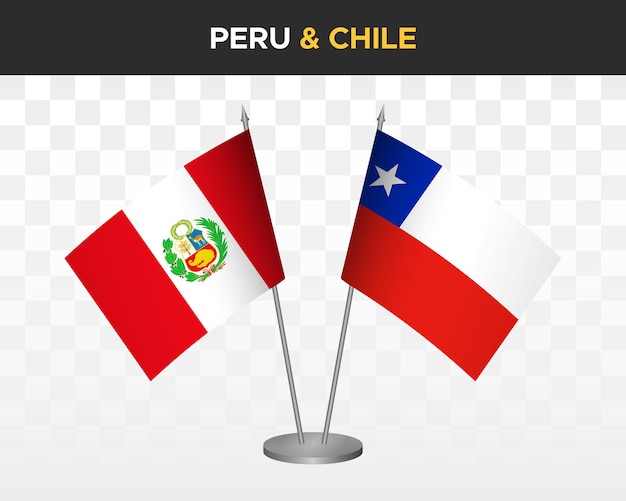 Maquete de bandeiras de mesa peru vs chile isolada bandeira de mesa de ilustração vetorial 3d