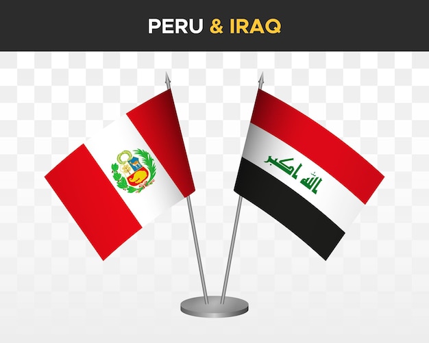 Maquete de bandeiras de mesa peru vs iraque isolada bandeira de mesa de ilustração vetorial 3d