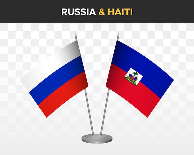 Maquete de bandeiras de mesa rússia vs haiti isolada em bandeiras de mesa russa de ilustração vetorial 3d branca