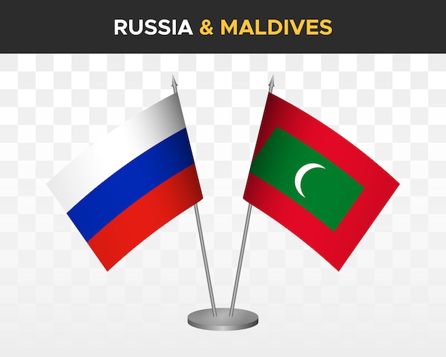 Maquete de bandeiras de mesa rússia vs maldivas isolada em bandeiras de mesa russa de ilustração vetorial 3d branca