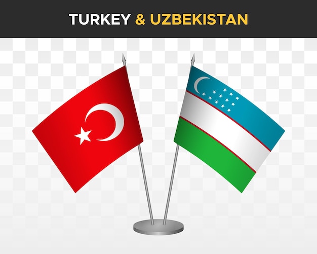 Maquete de bandeiras de mesa turquia vs uzbequistão isolada em bandeiras de mesa de ilustração vetorial 3d branca