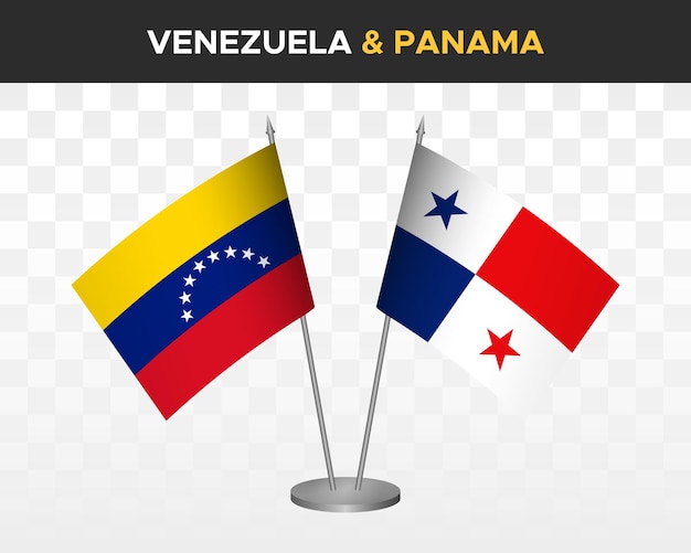 Maquete de bandeiras de mesa venezuela vs panamá isoladas bandeiras de mesa de ilustração vetorial 3d