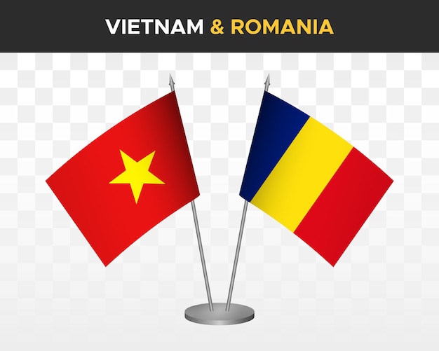 Maquete de bandeiras de mesa vietnam vs roménia isolada ilustração vetorial 3d bandeiras de mesa vietnamitas