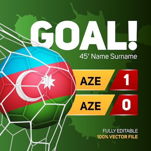 Maquete de bola de futebol de futebol de bandeira do azerbaijão marcando gol placar banner 3d ilustração vetorial