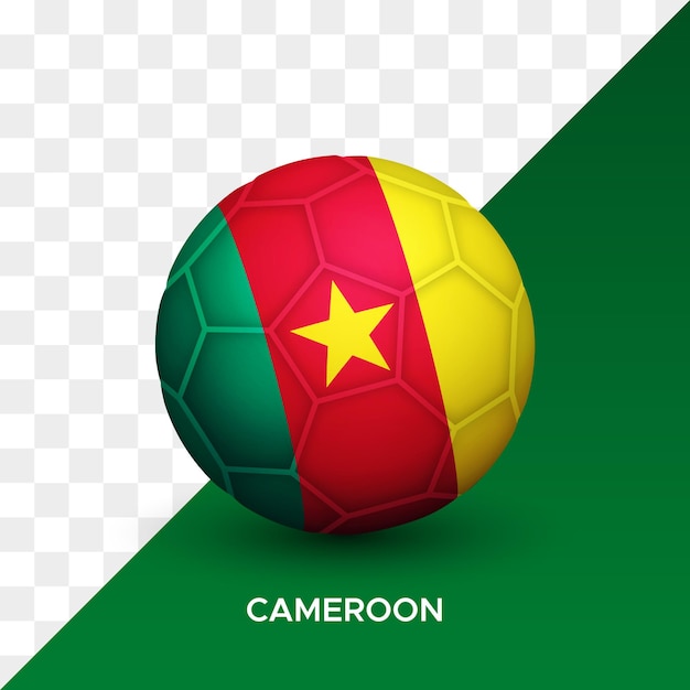 Maquete de bola de futebol de futebol realista com ilustração vetorial 3d de bandeira de camarões isolada