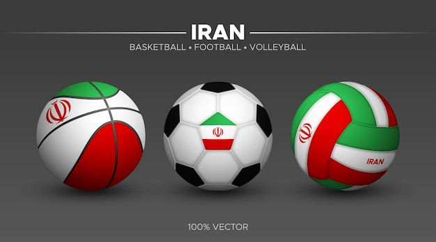 Maquete de bolas de vôlei de basquete de futebol de bandeira iraniana ilustração esportiva vetorial 3d isolada