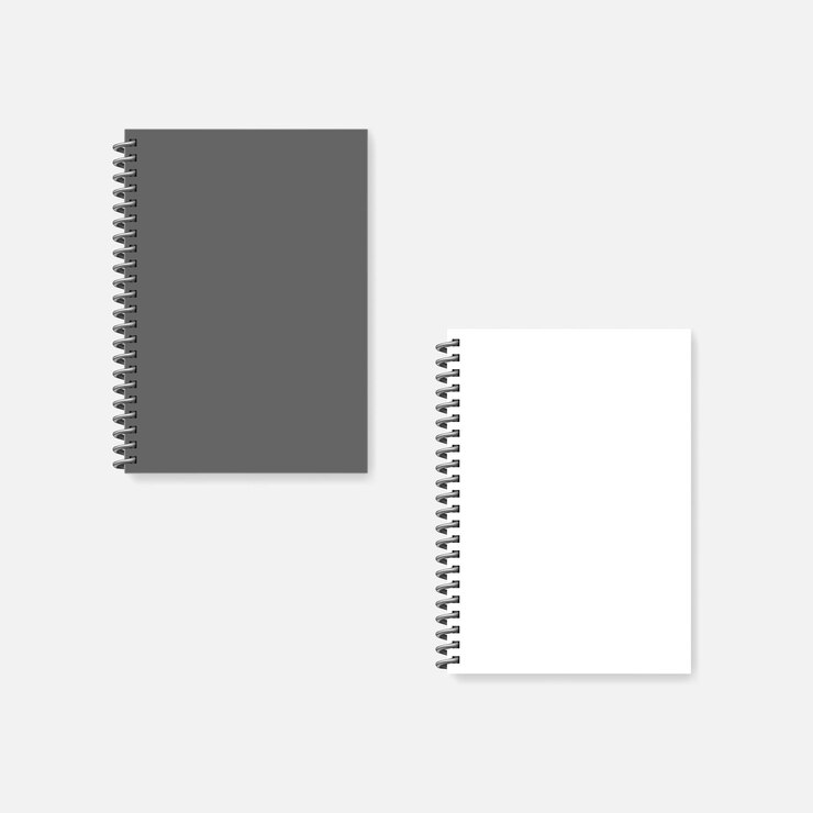 Maquete de caderno A4 em branco com encadernação de arame. Capa cinza do diário em espiral e maquete de página em branco