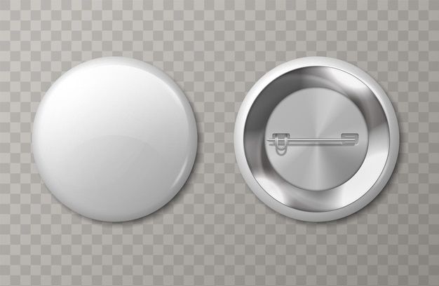 Maquete de crachá Broches de pinos de metal realistas vista na frente e no verso Etiquetas de círculo de plástico 3D com espaço de cópia para o emblema da empresa de nome ou imagem decorativa Modelo de design de rótulos vetoriais