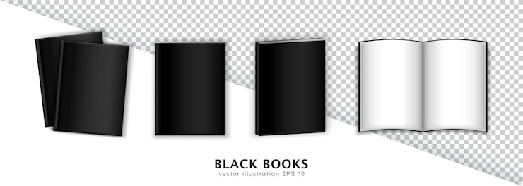 Vetor maquete de diferentes livros didáticos de livros pretos fechou a revista na brochura aberta de vista superior e isométrica